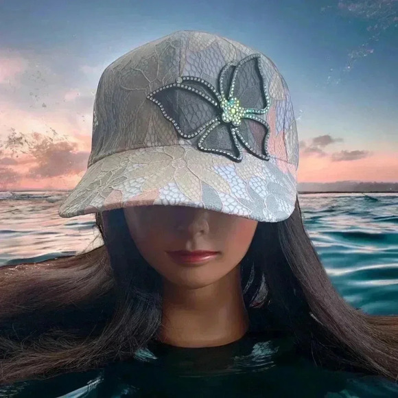 Boutique Handcrafted Feminine Floral Lace Embroidered Butterfly Baseball Cap Hat - Picture 1 of 8